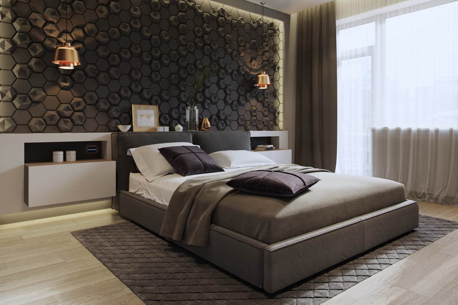  أجمل ديكور لغرف النوم الرئيسية موديل 2020 والمميزة Beehive-tile-design-sconces-feature-bedroom-accent-wall-patterns